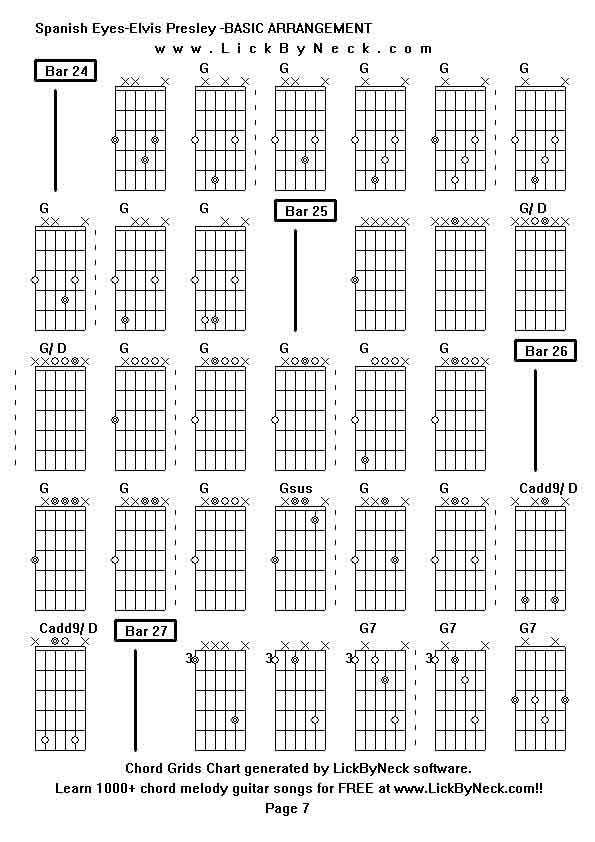 Chord Grids Chart of chord melody fingerstyle guitar song-Spanish Eyes-Elvis Presley -BASIC ARRANGEMENT,generated by LickByNeck software.